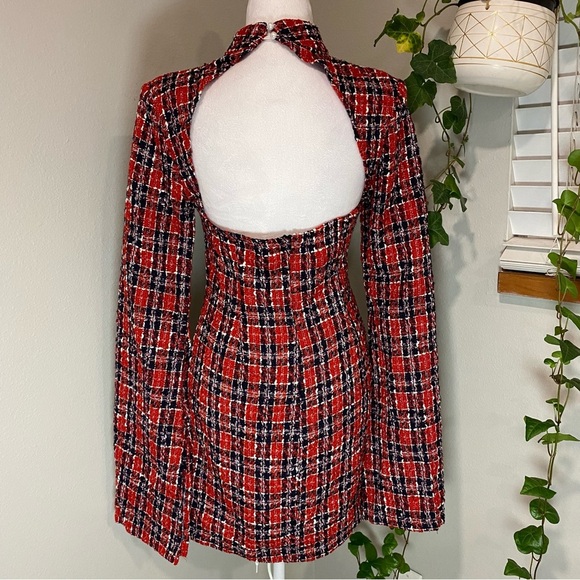 GLAMAKER PLAID BACKLESS SPLIT SLEEVE TWEED BODYCON DRESS size SMALL - Picture 7 of 14